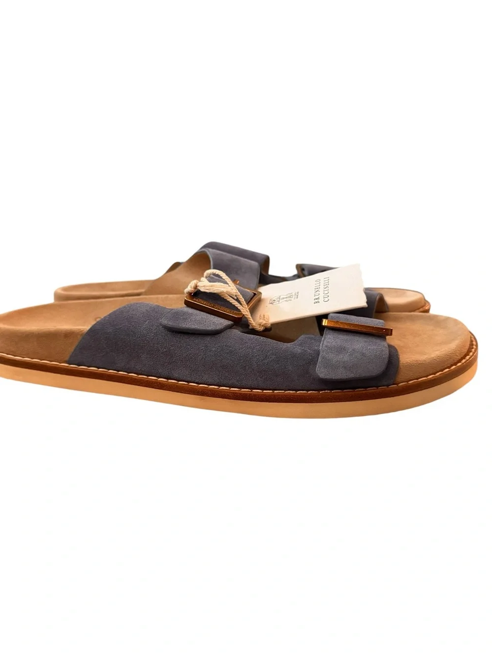 Brunello Cucinelli Suede Double-Buckle Slides in Dusty Blue